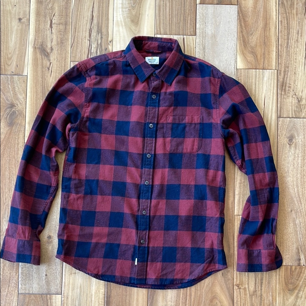 MARINE LAYER Men's Red and Blue Plaid Shirt
